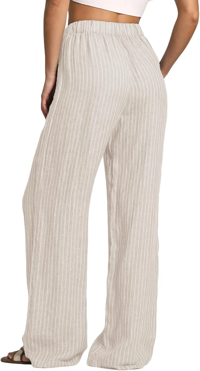 Amazhiyu Women's 100% Linen Summer Casual Elastic Waist Stripes Wide Leg Pants