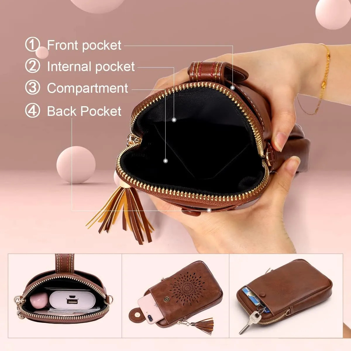 APHISON Small Crossbody Bags for Women, Lightweight Vegan Leather Cell Phone Purse, Cute Purses with Tassels