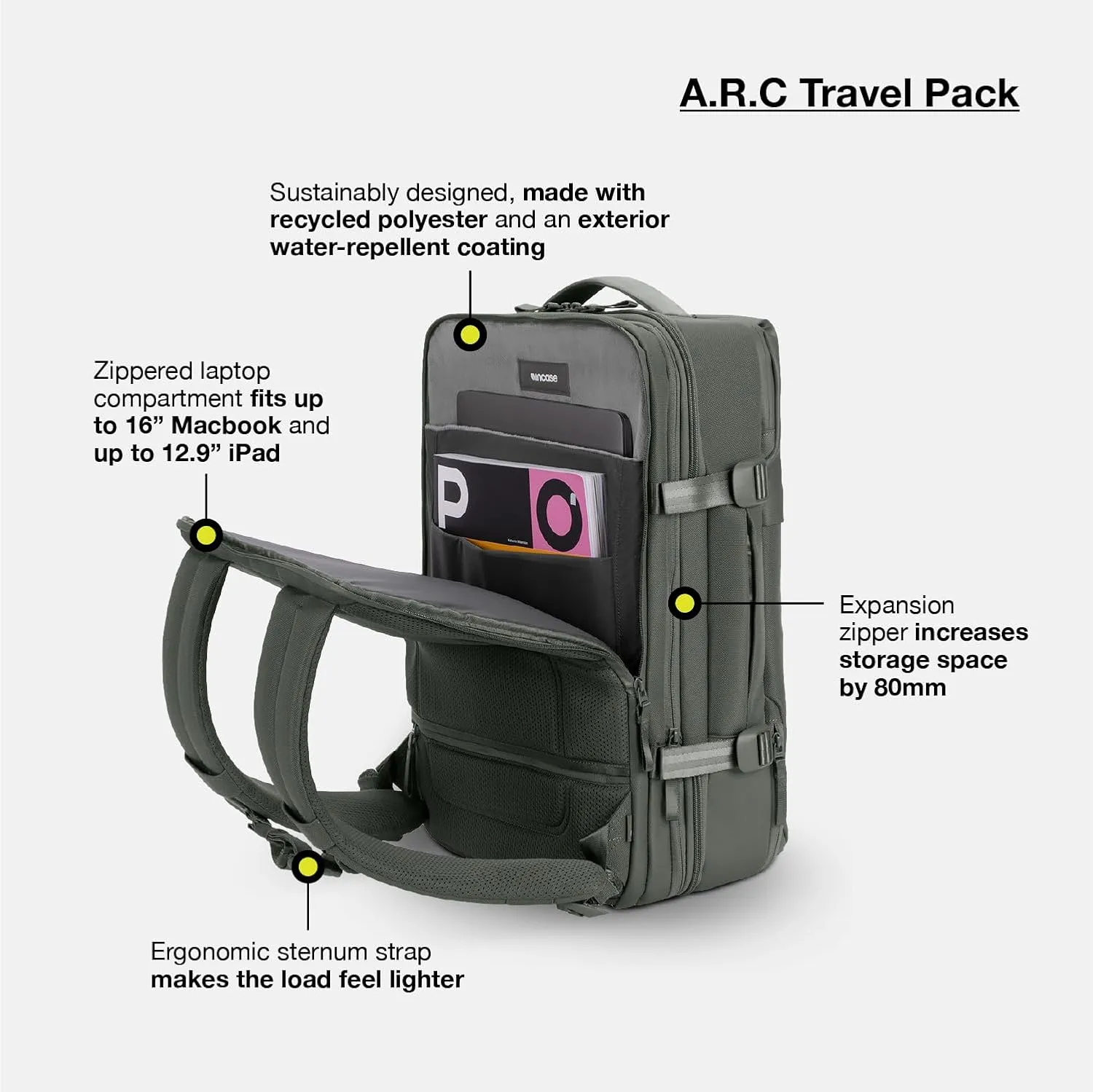 A.R.C. Travel Pack - ReSpun 100% Recycled Polyester, 38L Backpack, RFID-Blocking, Shoe Compartment, Expansion Zipper, Ergonomic Straps, Laptop Compartment for 16 PC/Mac, Travel Pass Through - Black