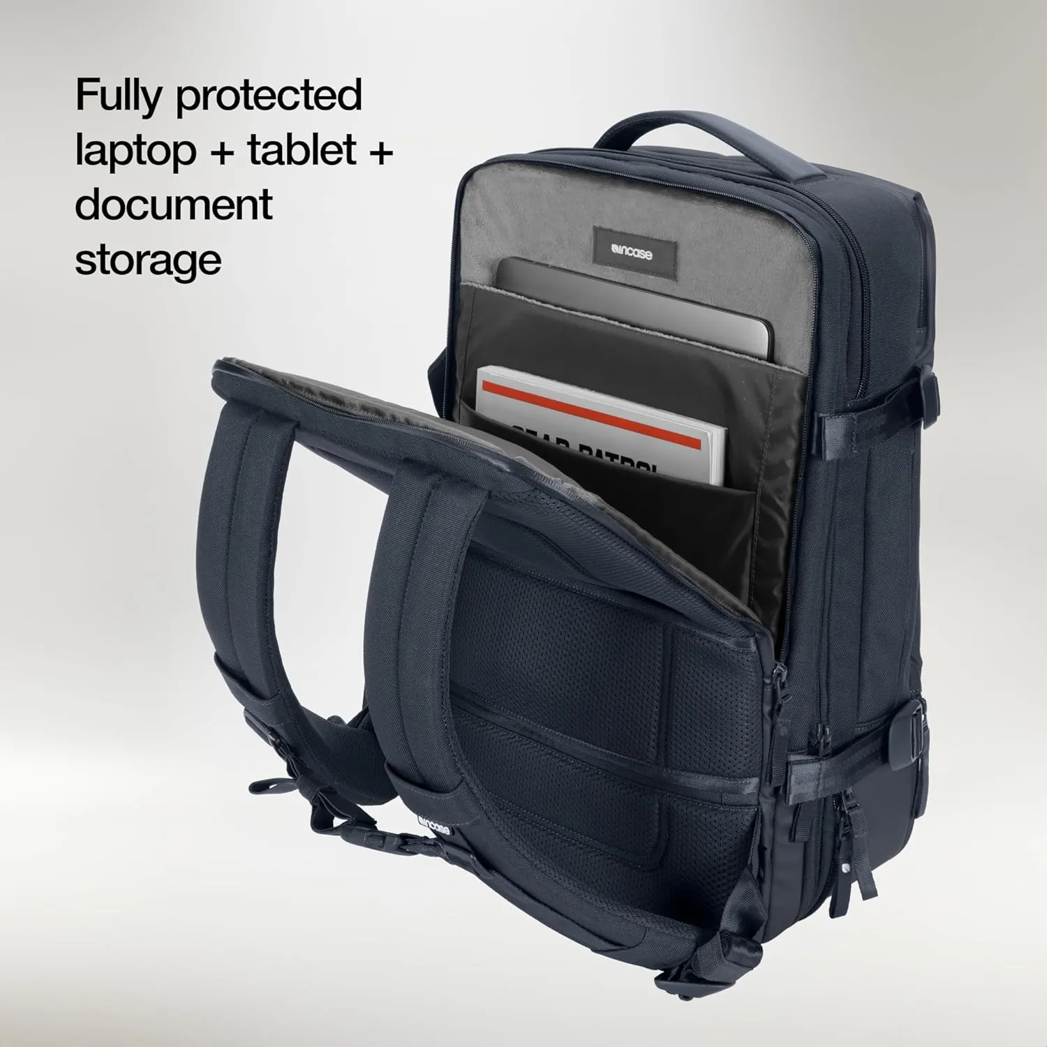 A.R.C. Travel Pack - ReSpun 100% Recycled Polyester, 38L Backpack, RFID-Blocking, Shoe Compartment, Expansion Zipper, Ergonomic Straps, Laptop Compartment for 16 PC/Mac, Travel Pass Through - Navy