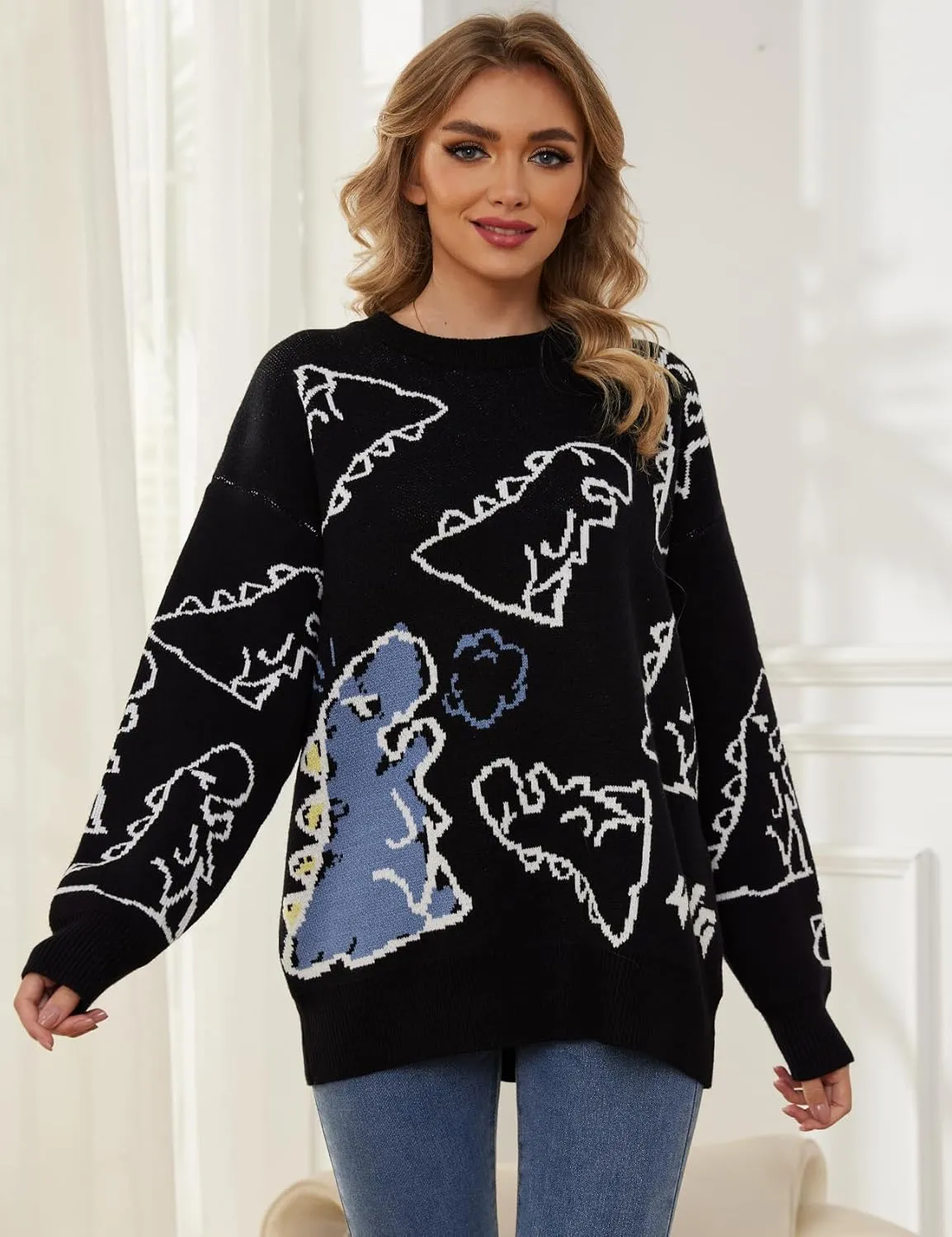 Arssm Dinosaur Sweater Women y2k Vintage Oversized Graphic Streetwear Knit Sweater Casual Cute Kawaii Tops