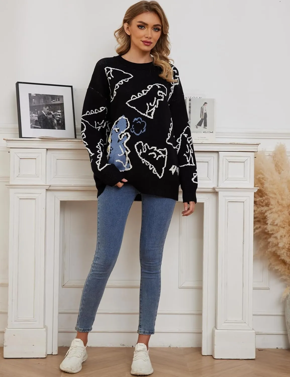Arssm Dinosaur Sweater Women y2k Vintage Oversized Graphic Streetwear Knit Sweater Casual Cute Kawaii Tops