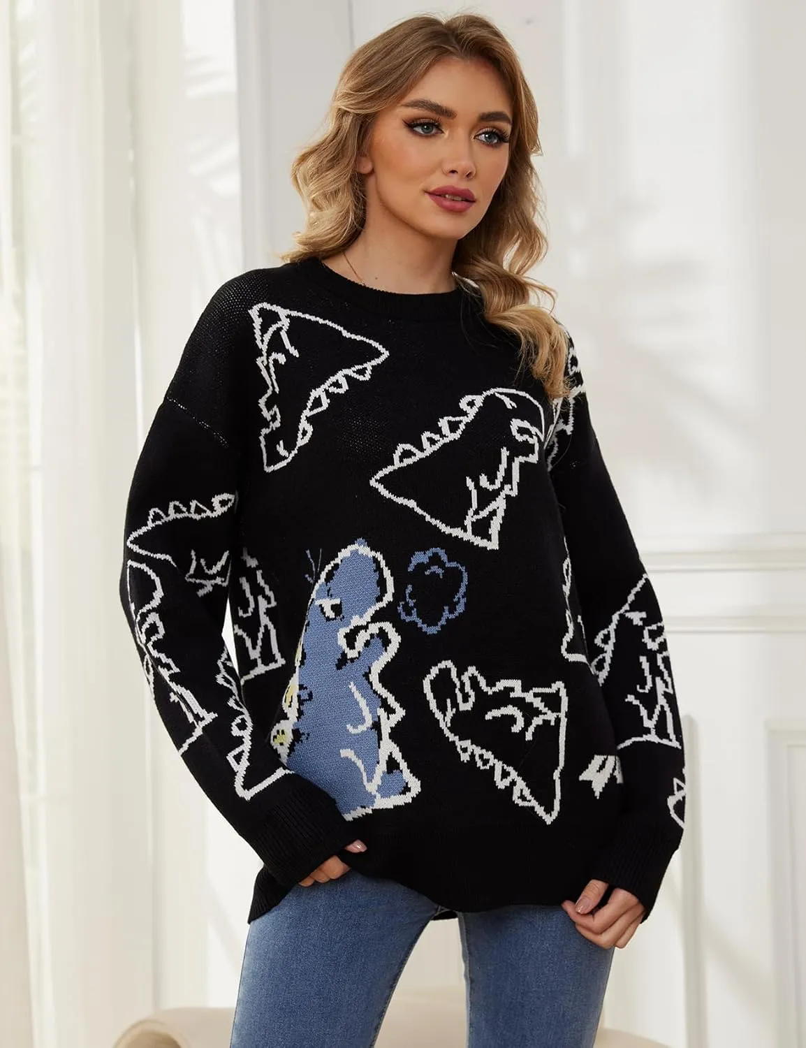 Arssm Dinosaur Sweater Women y2k Vintage Oversized Graphic Streetwear Knit Sweater Casual Cute Kawaii Tops