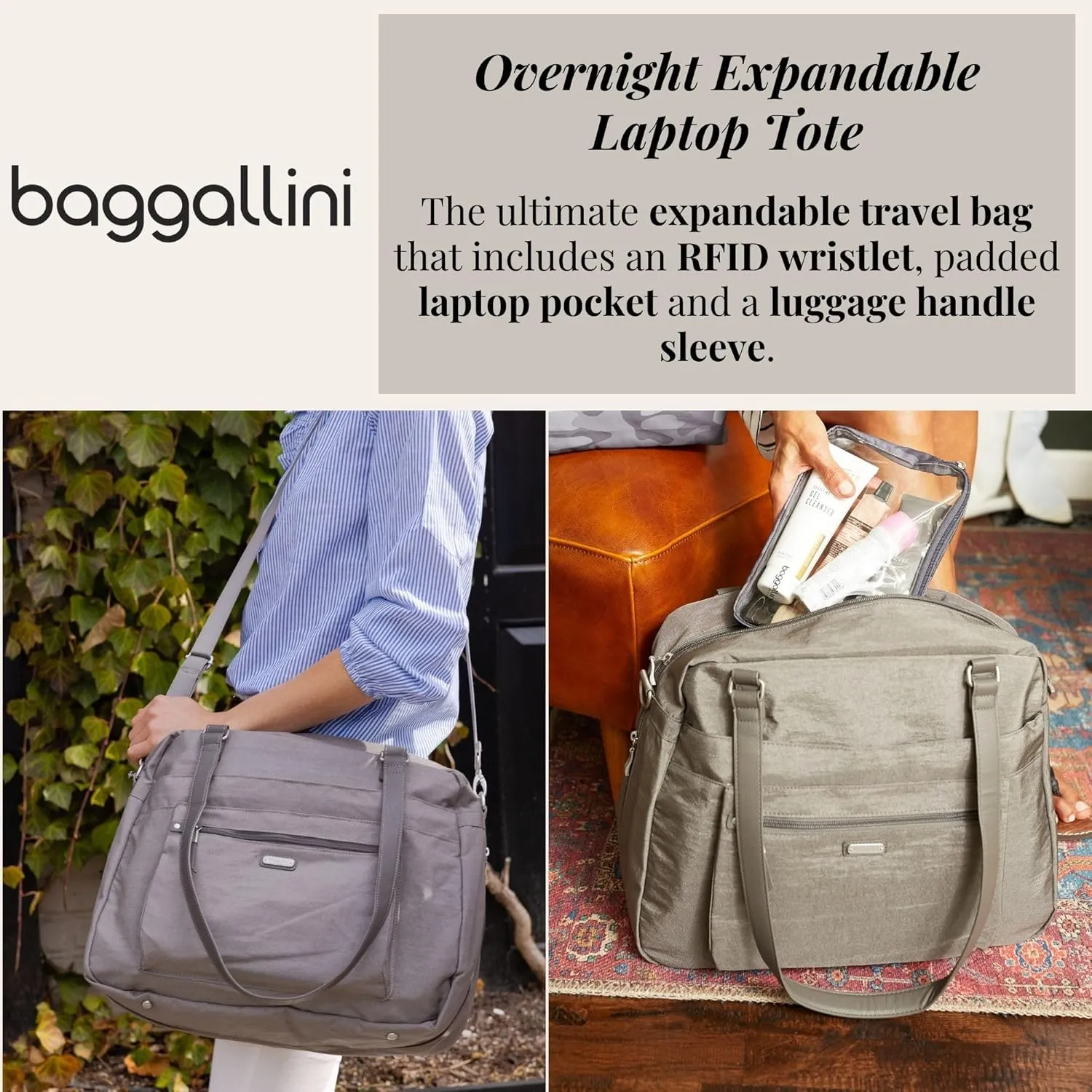 Baggallini Overnight Expandable Laptop Tote - Lightweight Travel Bag for Women