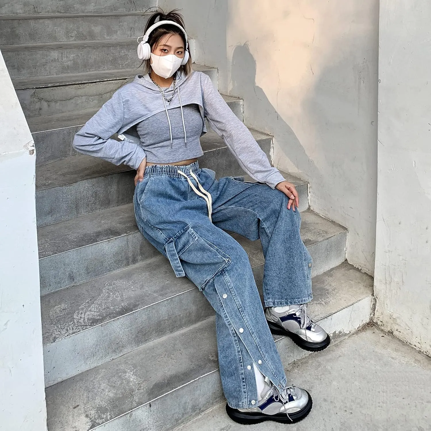 Baggy Jeans for Women High Waist Y2K Boyfriend Casual Loose Wide Leg Drawstring Cargo Pants with Pockets