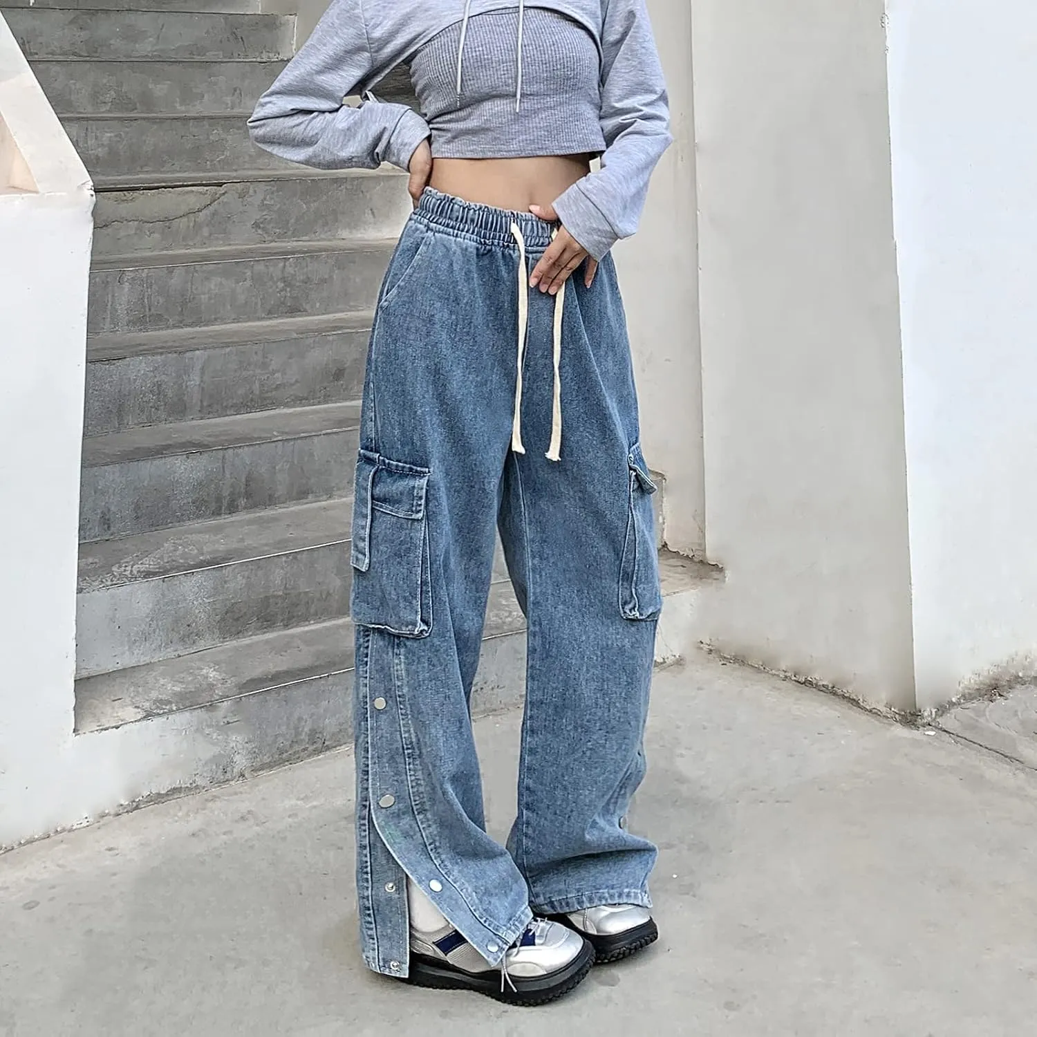Baggy Jeans for Women High Waist Y2K Boyfriend Casual Loose Wide Leg Drawstring Cargo Pants with Pockets