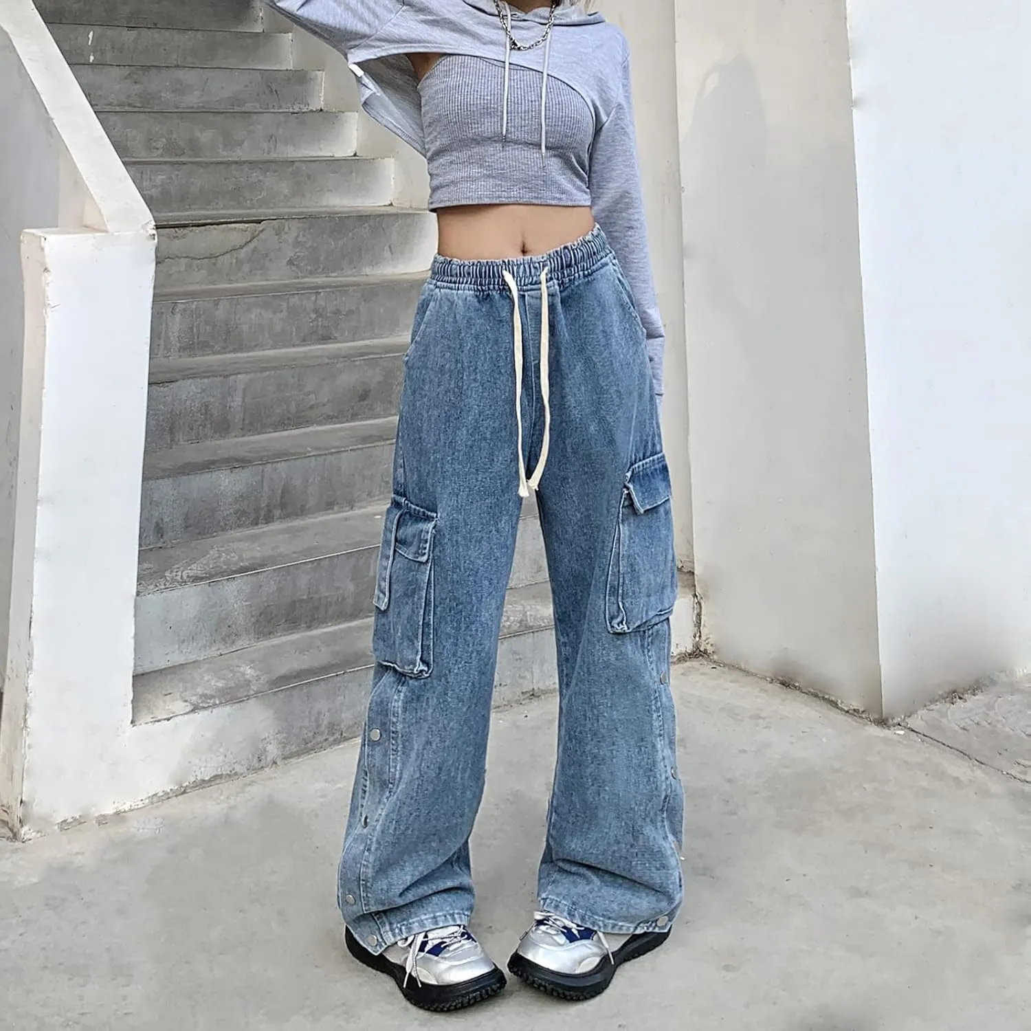 Baggy Jeans for Women High Waist Y2K Boyfriend Casual Loose Wide Leg Drawstring Cargo Pants with Pockets