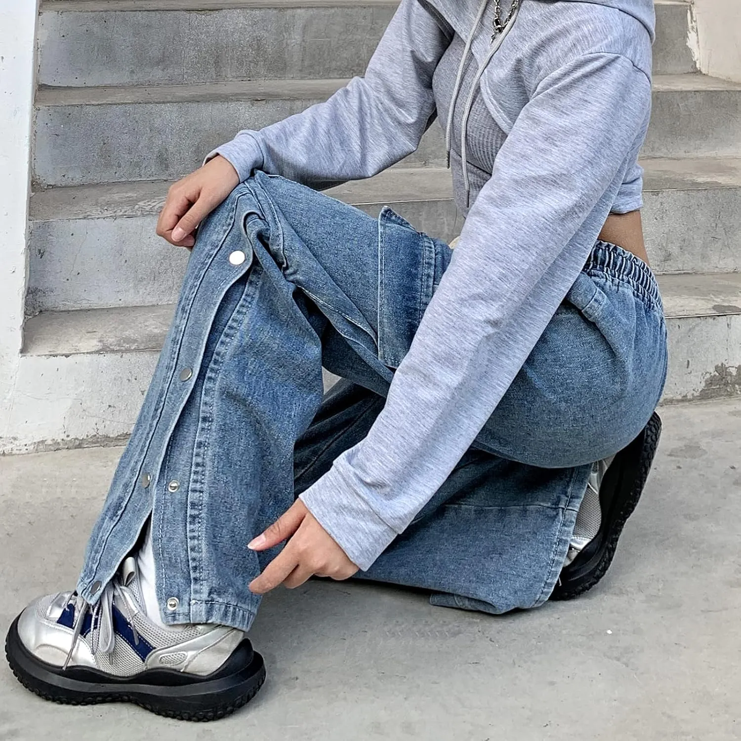 Baggy Jeans for Women High Waist Y2K Boyfriend Casual Loose Wide Leg Drawstring Cargo Pants with Pockets