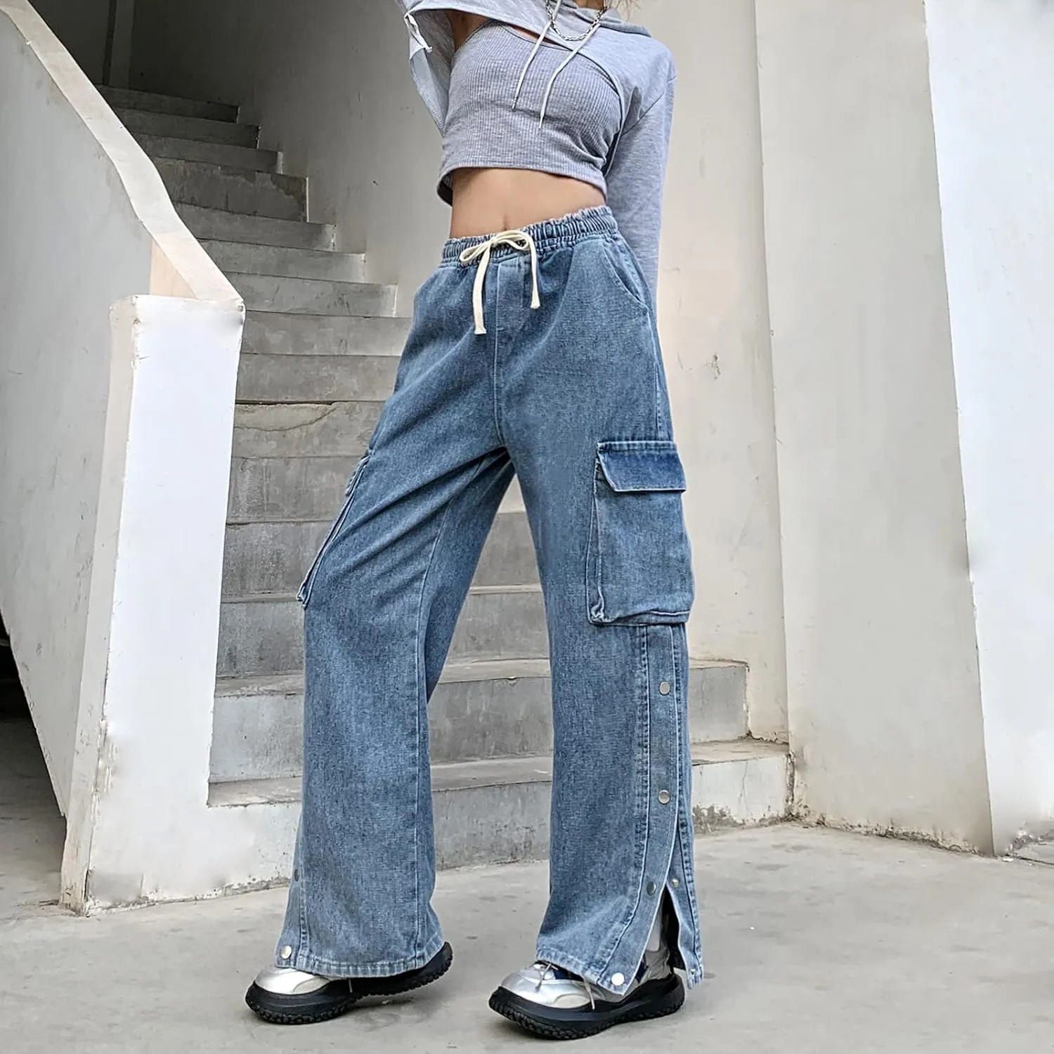 Baggy Jeans for Women High Waist Y2K Boyfriend Casual Loose Wide Leg Drawstring Cargo Pants with Pockets