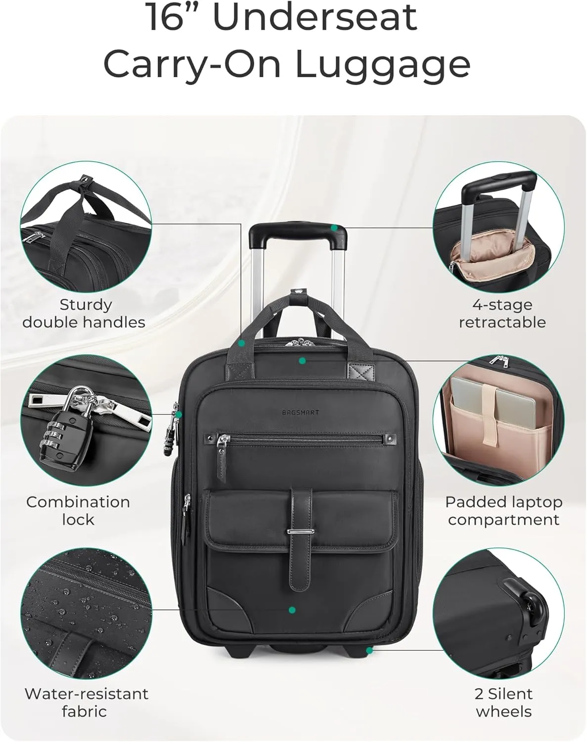 BAGSMART Carry on Luggage with Wheels, 16-inch Underseat Travel Suitcase Airline approved, Lightweight Softside Carry-on Luggage for Airplanes Women Overnight Rolling Bags for Short Trip, Black