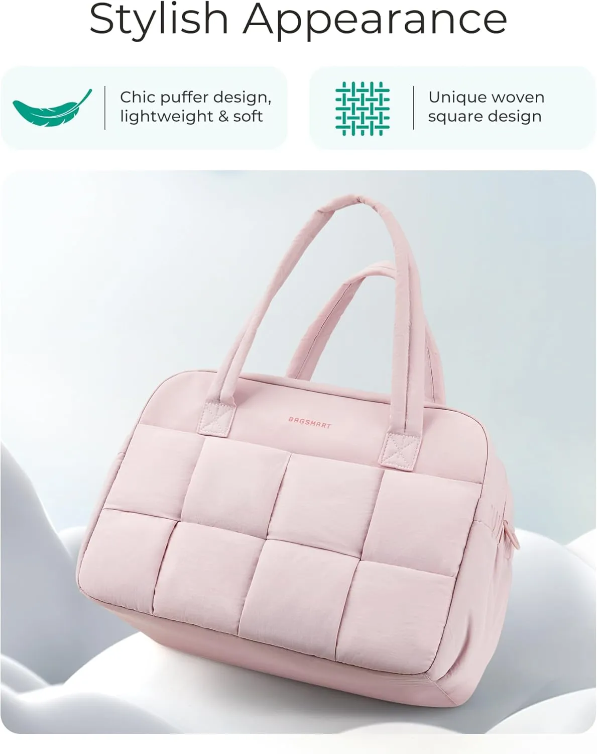 BAGSMART Gym Bag for Women, 29L Puffer Travel Duffle Bag for Travel with Laptop Compartment, Weekender Bags for Women, Carry On Duffel Bag Personal Item Bag, Baby Pink