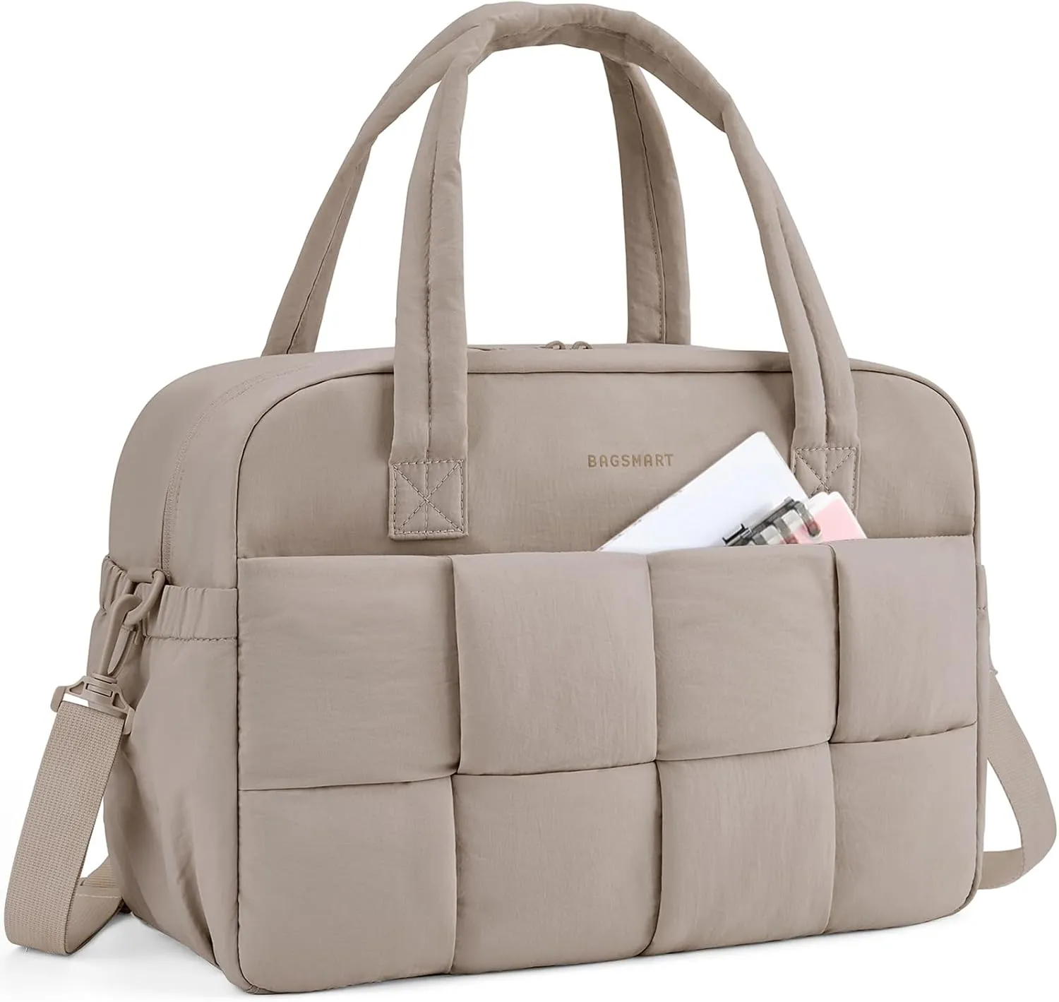 BAGSMART Gym Bag for Women, 29L Puffer Travel Duffle Bag for Travel with Laptop Compartment, Weekender Bags for Women, Carry On Duffel Bag Personal Item Bag, Camel