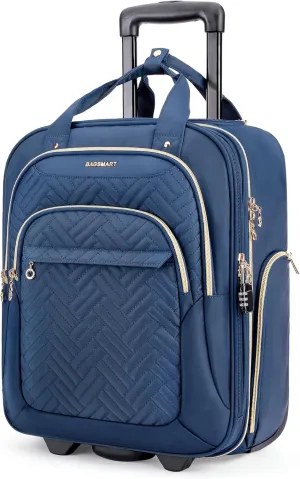 BAGSMART Underseat Carry On Luggage Airline approved,16-inch Underseater Softside Travel Suitcase with Wheels Lightweight Overnight Rolling Carry-on Luggage for Women Men Weekender,Dark Blue