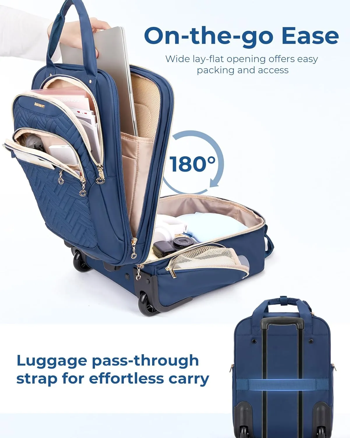 BAGSMART Underseat Carry On Luggage Airline approved,16-inch Underseater Softside Travel Suitcase with Wheels Lightweight Overnight Rolling Carry-on Luggage for Women Men Weekender,Dark Blue
