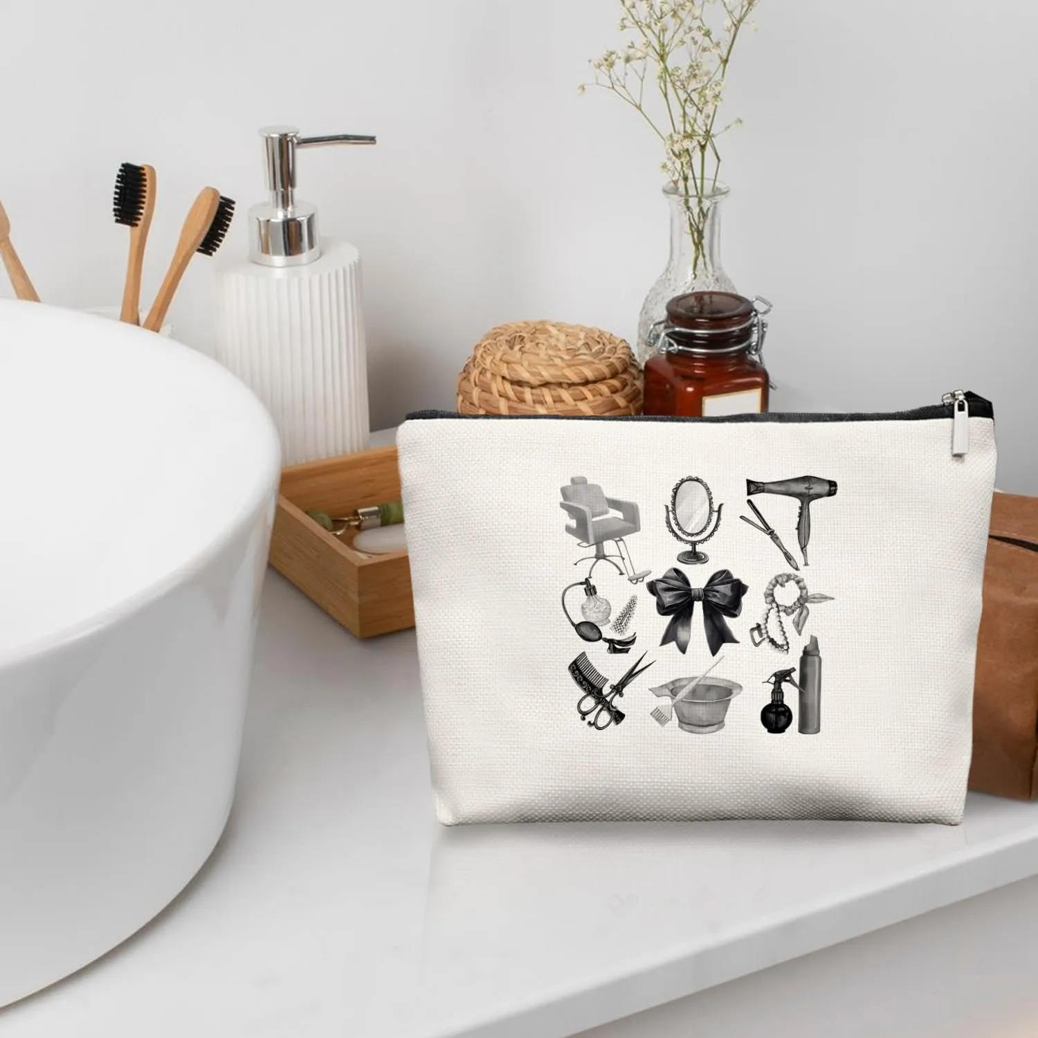 Black & White Hairstylist Makeup Bag, Aesthetic Salon Travel Organizer, Cosmetology Student Gifts for Women, Hairdresser Accessories Pouch for Teen Girls, 7.5 x 10 in