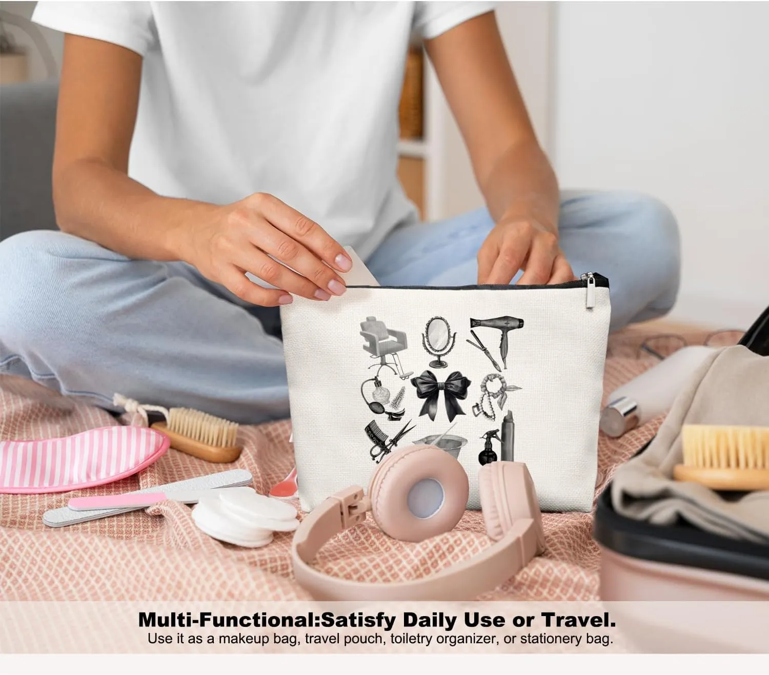 Black & White Hairstylist Makeup Bag, Aesthetic Salon Travel Organizer, Cosmetology Student Gifts for Women, Hairdresser Accessories Pouch for Teen Girls, 7.5 x 10 in