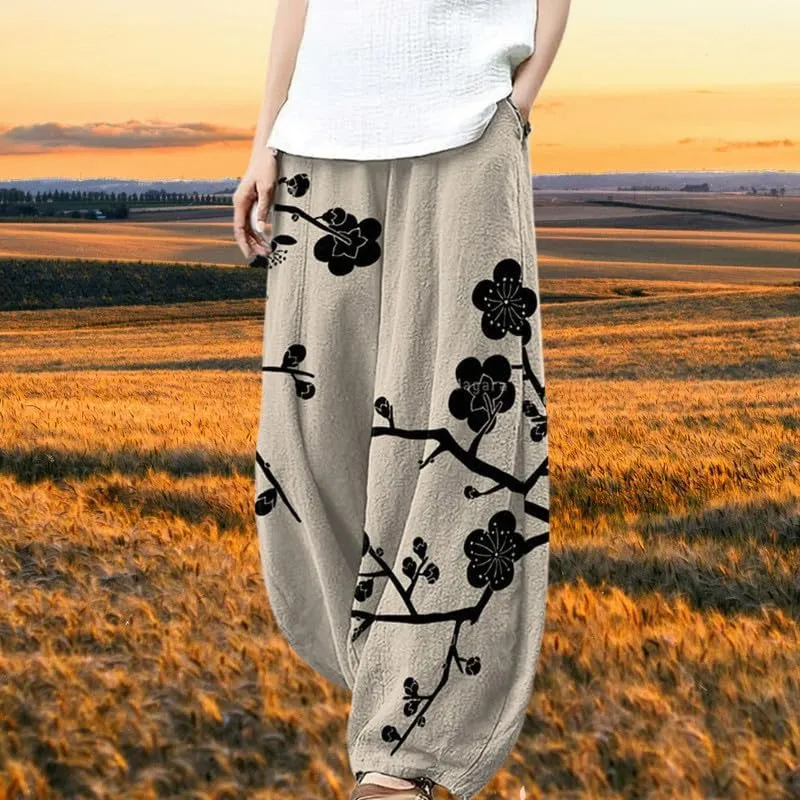Boho Wide Leg Linen Pants for Women Summer Loose Pleated Elastic Waist Baggy Pants with Pockets Plus Size