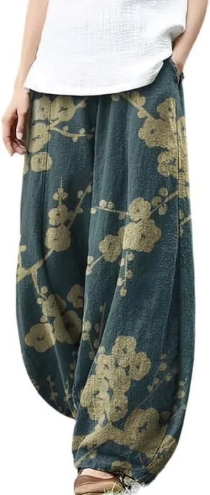 Boho Wide Leg Linen Pants for Women Summer Loose Pleated Elastic Waist Baggy Pants with Pockets Plus Size