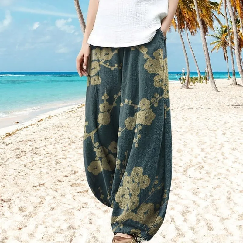 Boho Wide Leg Linen Pants for Women Summer Loose Pleated Elastic Waist Baggy Pants with Pockets Plus Size