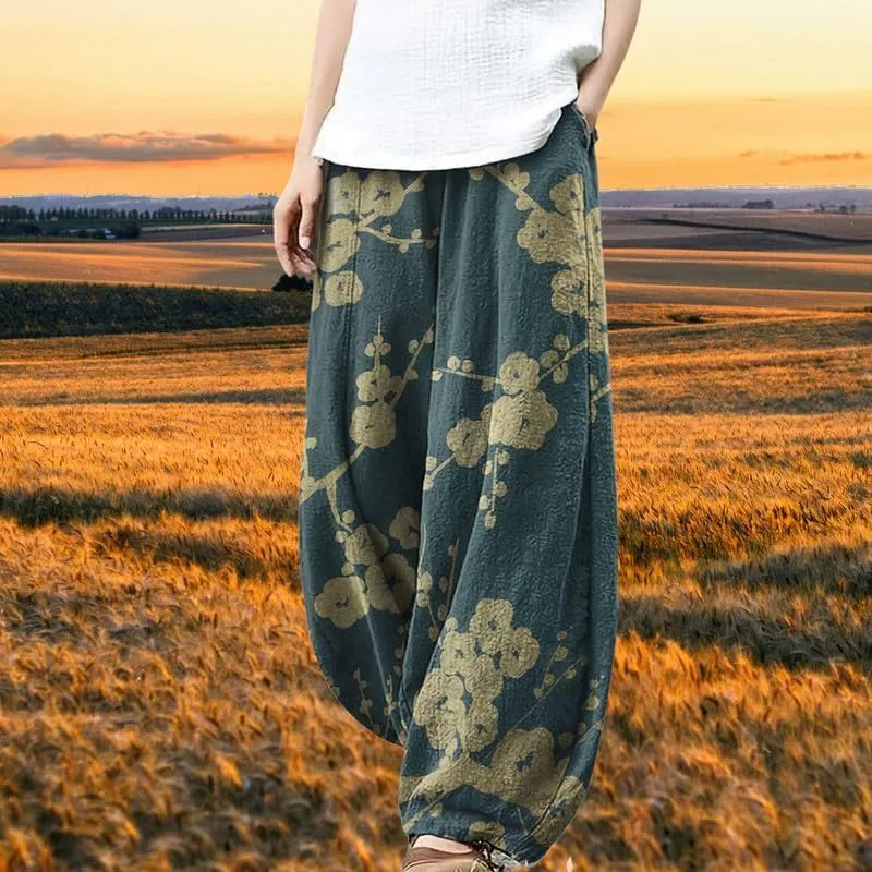 Boho Wide Leg Linen Pants for Women Summer Loose Pleated Elastic Waist Baggy Pants with Pockets Plus Size