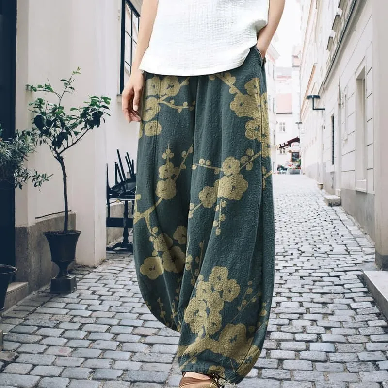 Boho Wide Leg Linen Pants for Women Summer Loose Pleated Elastic Waist Baggy Pants with Pockets Plus Size