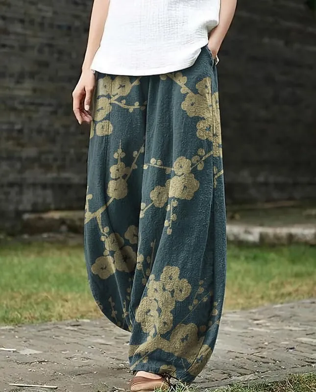 Boho Wide Leg Linen Pants for Women Summer Loose Pleated Elastic Waist Baggy Pants with Pockets Plus Size