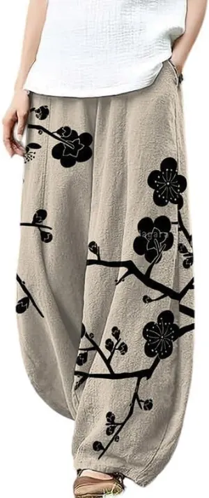 Boho Wide Leg Linen Pants for Women Summer Loose Pleated Elastic Waist Baggy Pants with Pockets Plus Size