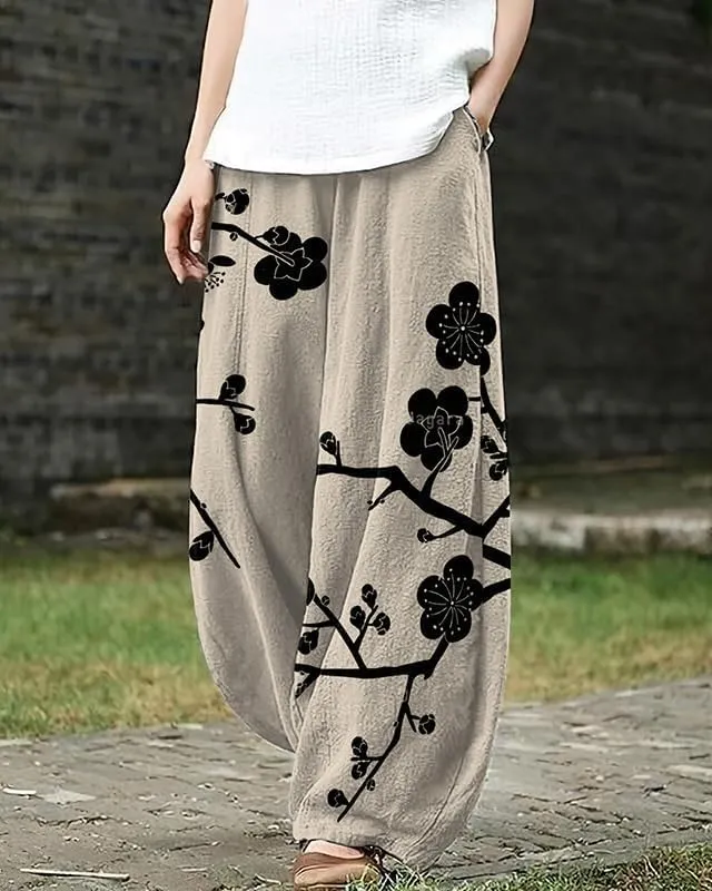 Boho Wide Leg Linen Pants for Women Summer Loose Pleated Elastic Waist Baggy Pants with Pockets Plus Size