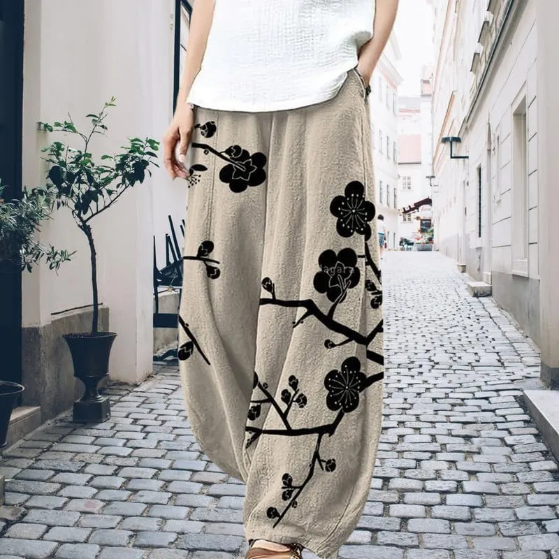 Boho Wide Leg Linen Pants for Women Summer Loose Pleated Elastic Waist Baggy Pants with Pockets Plus Size