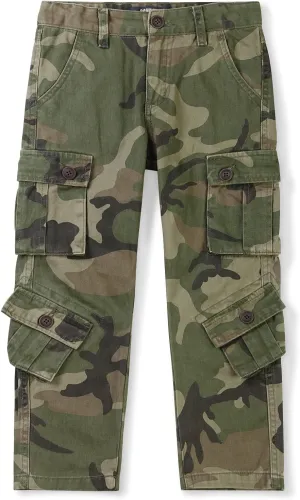 Boys' Camo Military Cargo Pants, 8 Pockets Casual Outdoor Scout Hiking Trousers