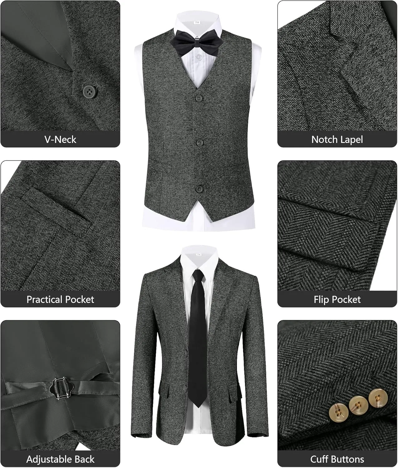 Boys Suit 6pcs Tweed Herringbone Suits for Kids Slim Fit Tuxedo Formal Jacket Wedding Shirt Blazer Vest Pants Set with Tie