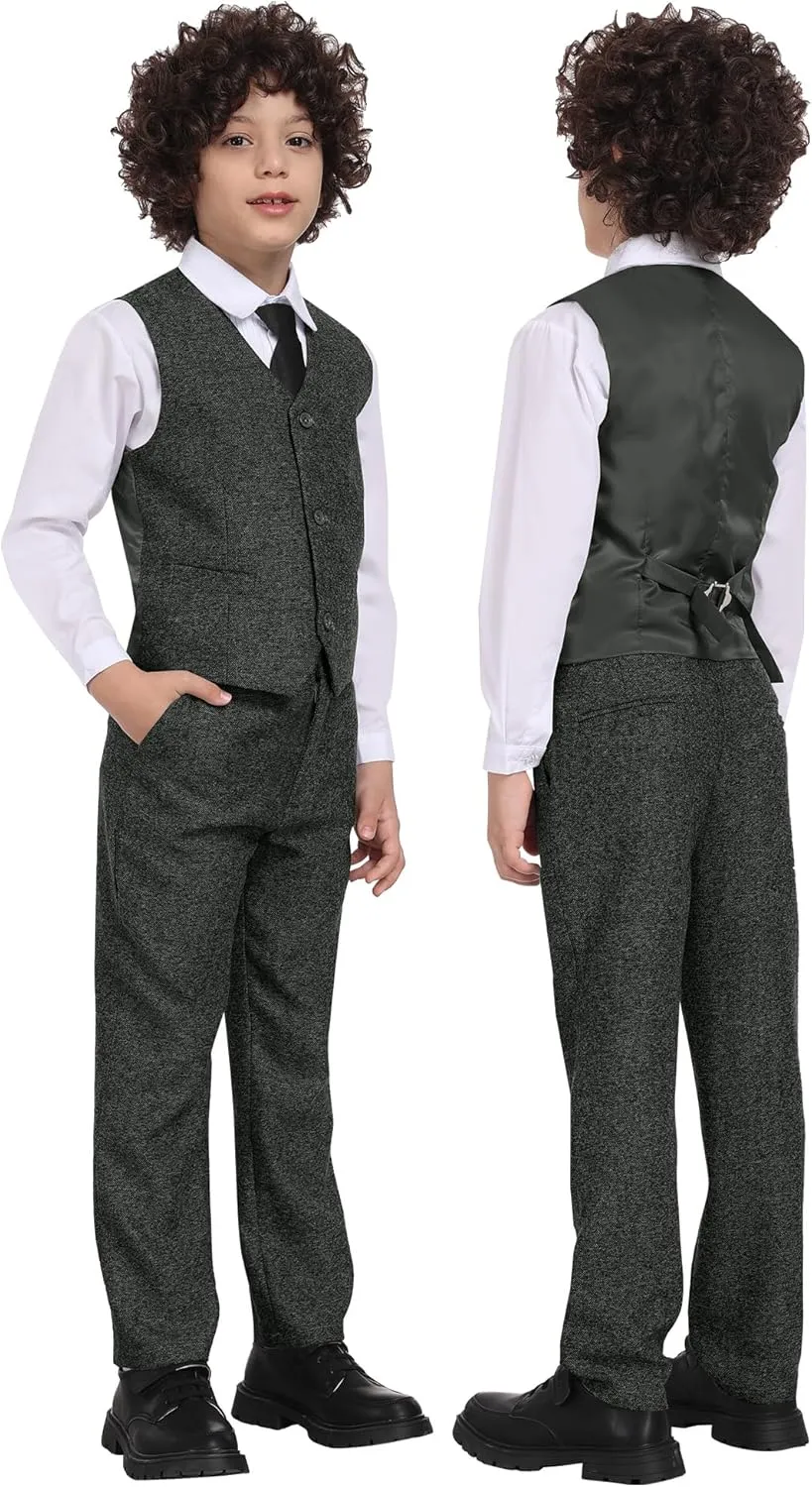 Boys Suit 6pcs Tweed Herringbone Suits for Kids Slim Fit Tuxedo Formal Jacket Wedding Shirt Blazer Vest Pants Set with Tie