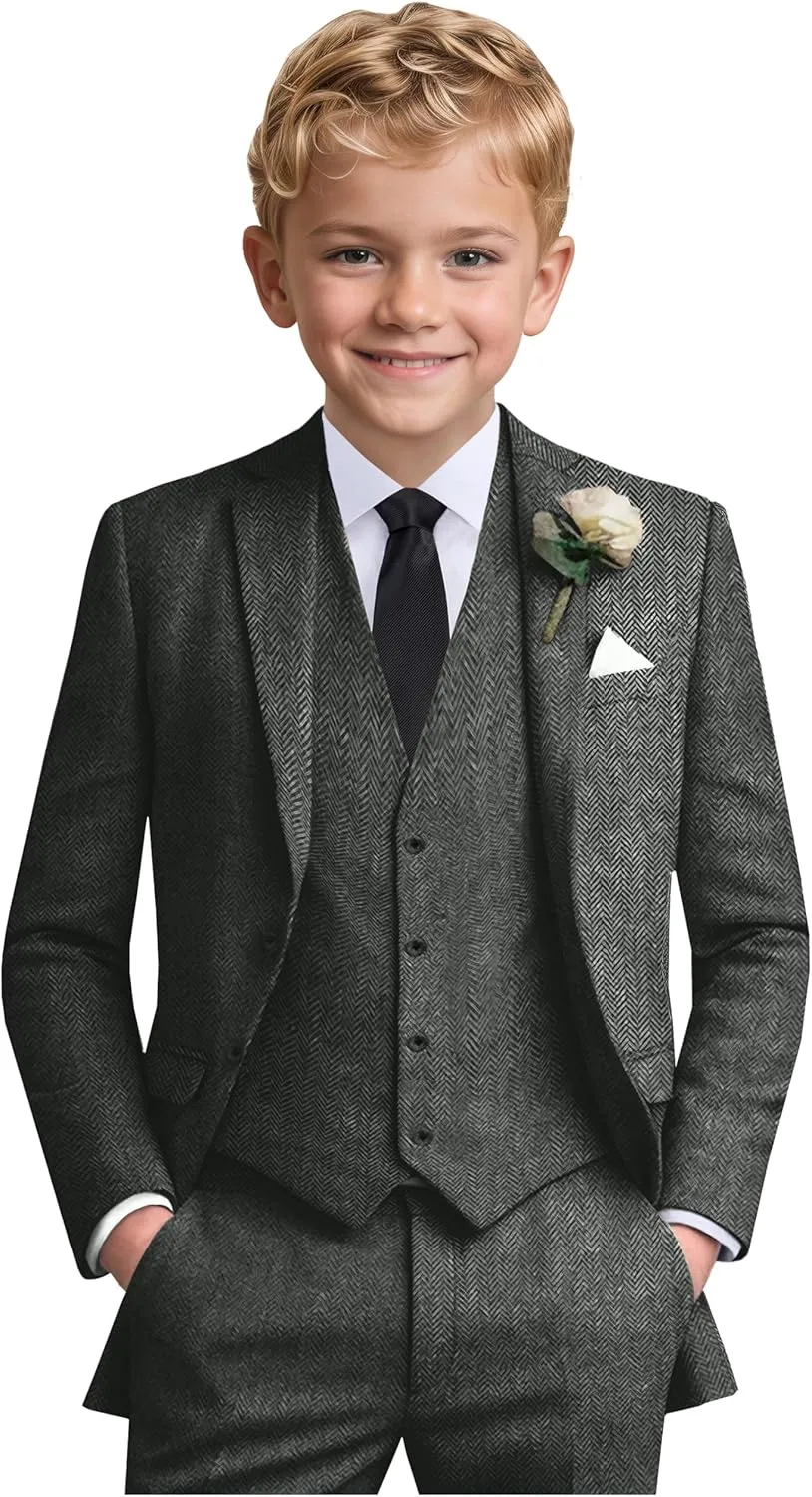 Boys Suit 6pcs Tweed Herringbone Suits for Kids Slim Fit Tuxedo Formal Jacket Wedding Shirt Blazer Vest Pants Set with Tie