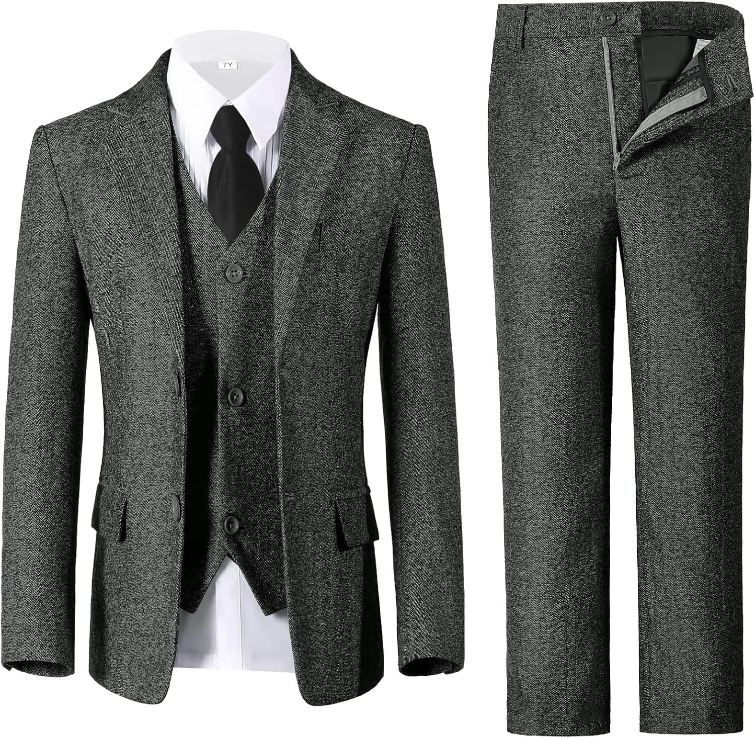 Boys Suit 6pcs Tweed Herringbone Suits for Kids Slim Fit Tuxedo Formal Jacket Wedding Shirt Blazer Vest Pants Set with Tie