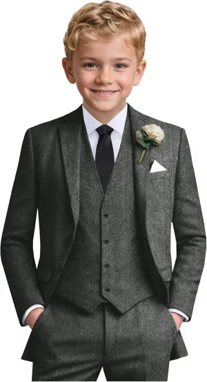 Boys Suit 6pcs Tweed Herringbone Suits for Kids Slim Fit Tuxedo Formal Jacket Wedding Shirt Blazer Vest Pants Set with Tie