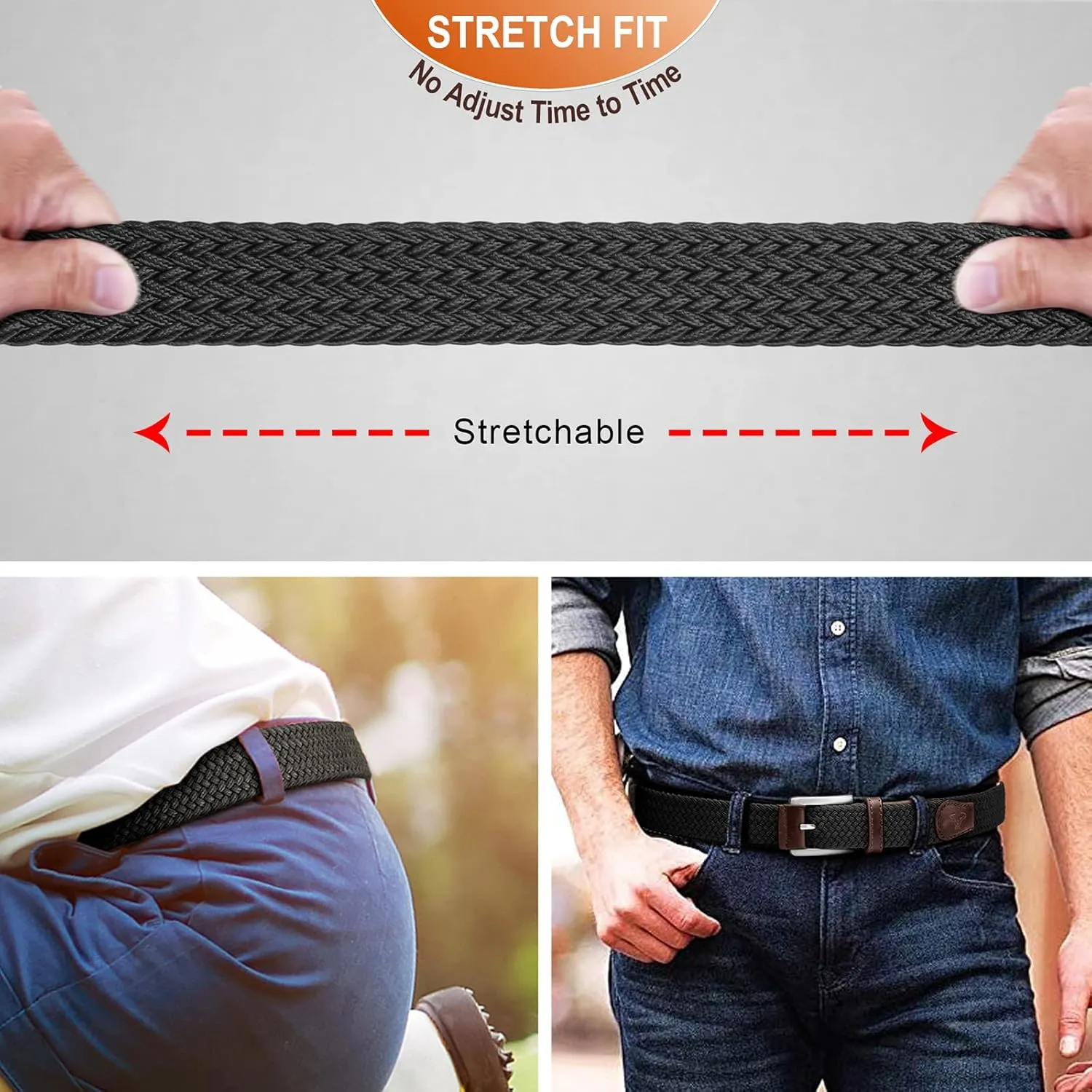 BULLIANT Belt for Men 2Pack,Mens Gift Stretch Braided Web Belt Elastic for Casual Golf Jeans,1 3/8"