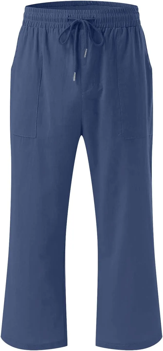 Capri Pant for Women 2024 Casual Trendy Summer Drawstring Elastic Waist Linen Pant Straight Wide Leg Cropped Trouser