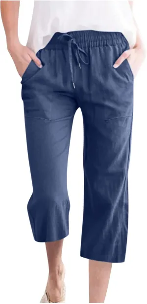 Capri Pant for Women 2024 Casual Trendy Summer Drawstring Elastic Waist Linen Pant Straight Wide Leg Cropped Trouser