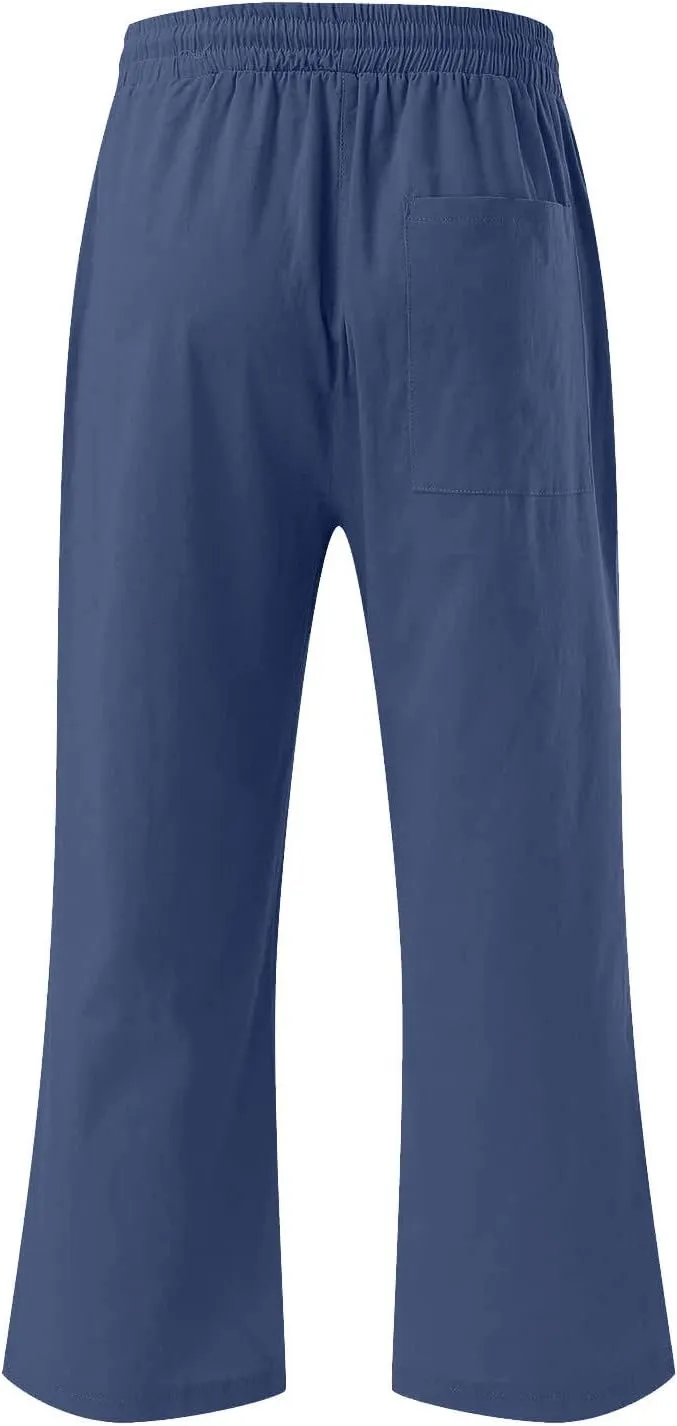 Capri Pant for Women 2024 Casual Trendy Summer Drawstring Elastic Waist Linen Pant Straight Wide Leg Cropped Trouser