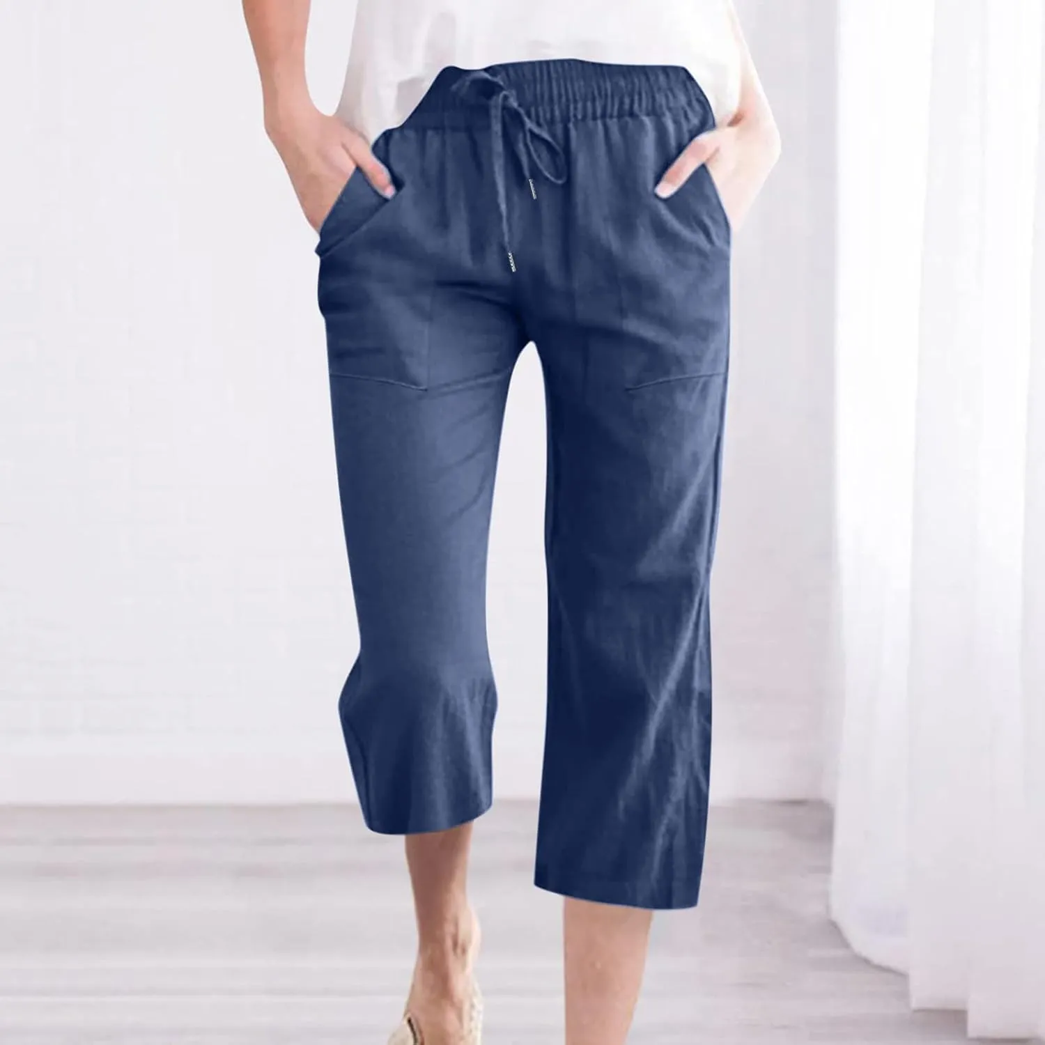 Capri Pant for Women 2024 Casual Trendy Summer Drawstring Elastic Waist Linen Pant Straight Wide Leg Cropped Trouser