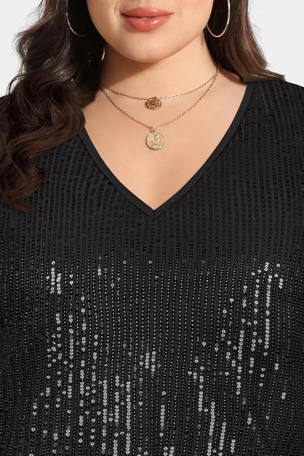 CARCOS Plus Size Sequin Top for Women Short Sleeve Party Blouse Evening Sparkle Shimmer V Neck Glitter Shirt Ladies XL-5XL