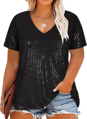 CARCOS Plus Size Sequin Top for Women Short Sleeve Party Blouse Evening Sparkle Shimmer V Neck Glitter Shirt Ladies XL-5XL