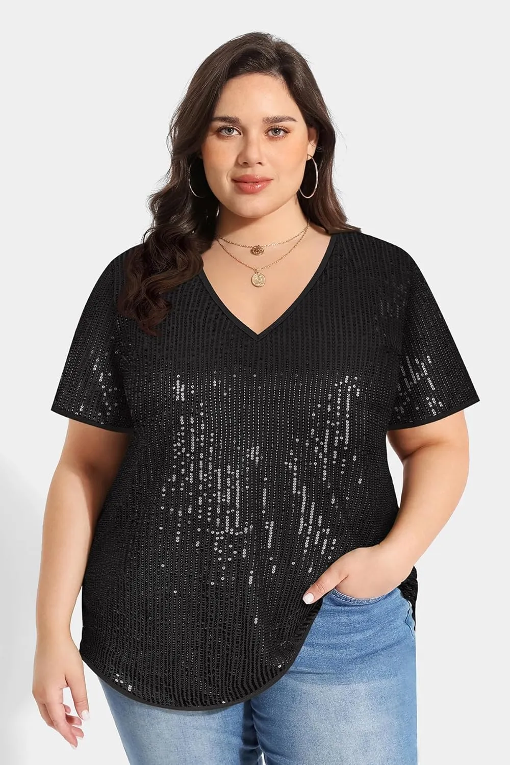 CARCOS Plus Size Sequin Top for Women Short Sleeve Party Blouse Evening Sparkle Shimmer V Neck Glitter Shirt Ladies XL-5XL