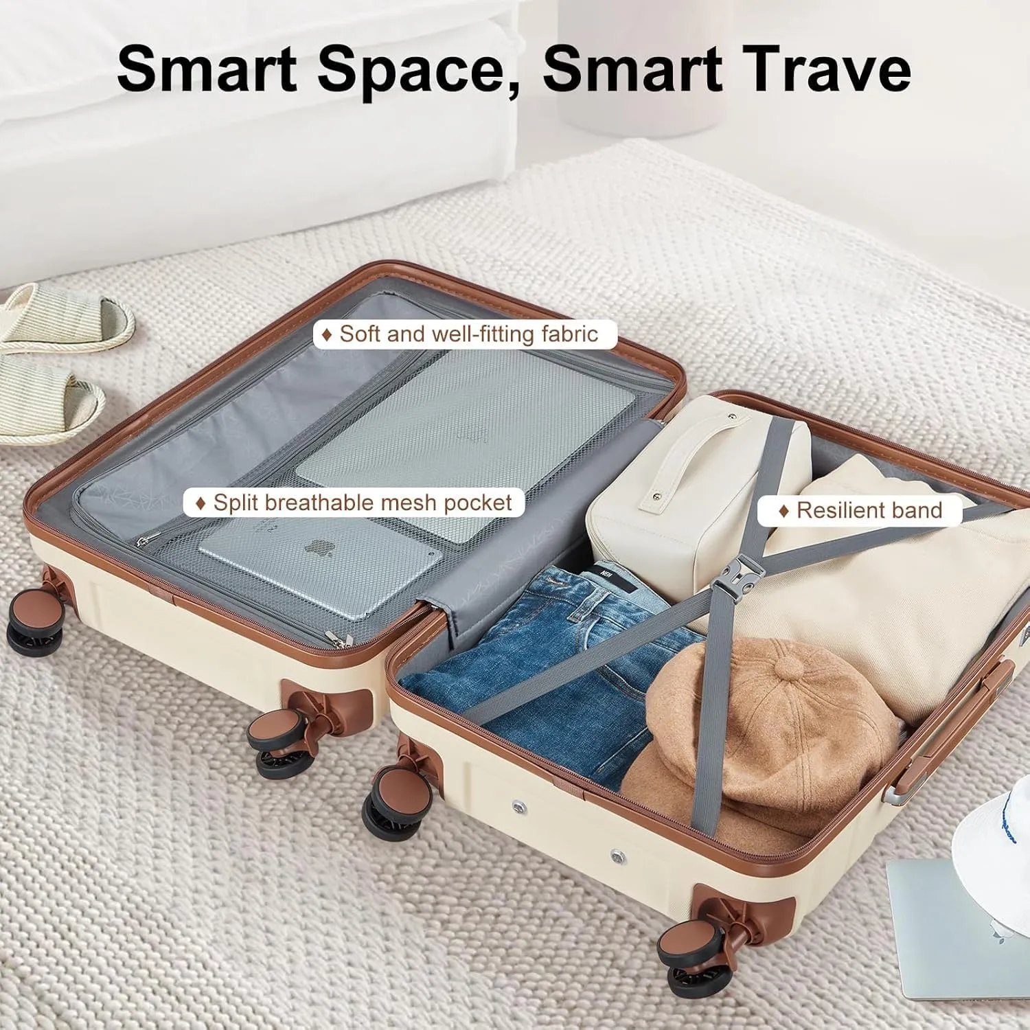 Carry On Luggage Sets,20 Inch Carry-on Suitcase with Spinner Wheels,PC ABS Lightweight Hardshell with TSA lock,Airline Approved YKK Zippers (beige)
