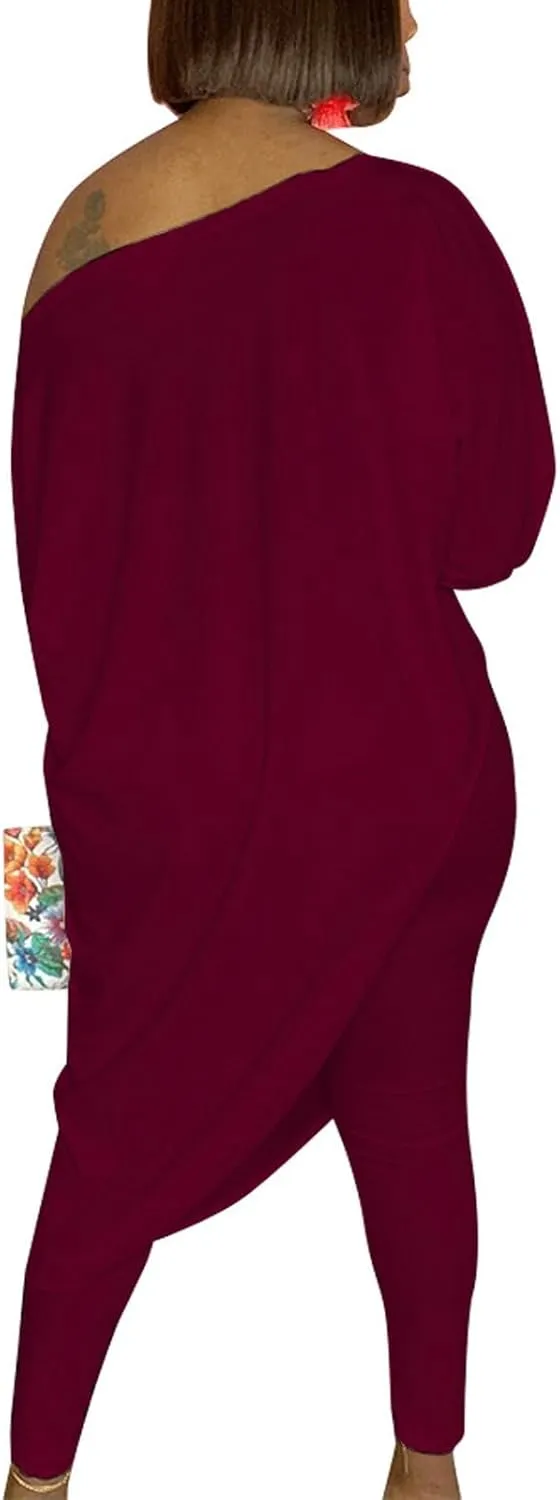 Chatinction Womens Casual 2 Piece Outfit Loose Off Shoulder Irregular Hem Tunic Top Bodycon Pants Tracksuits Set