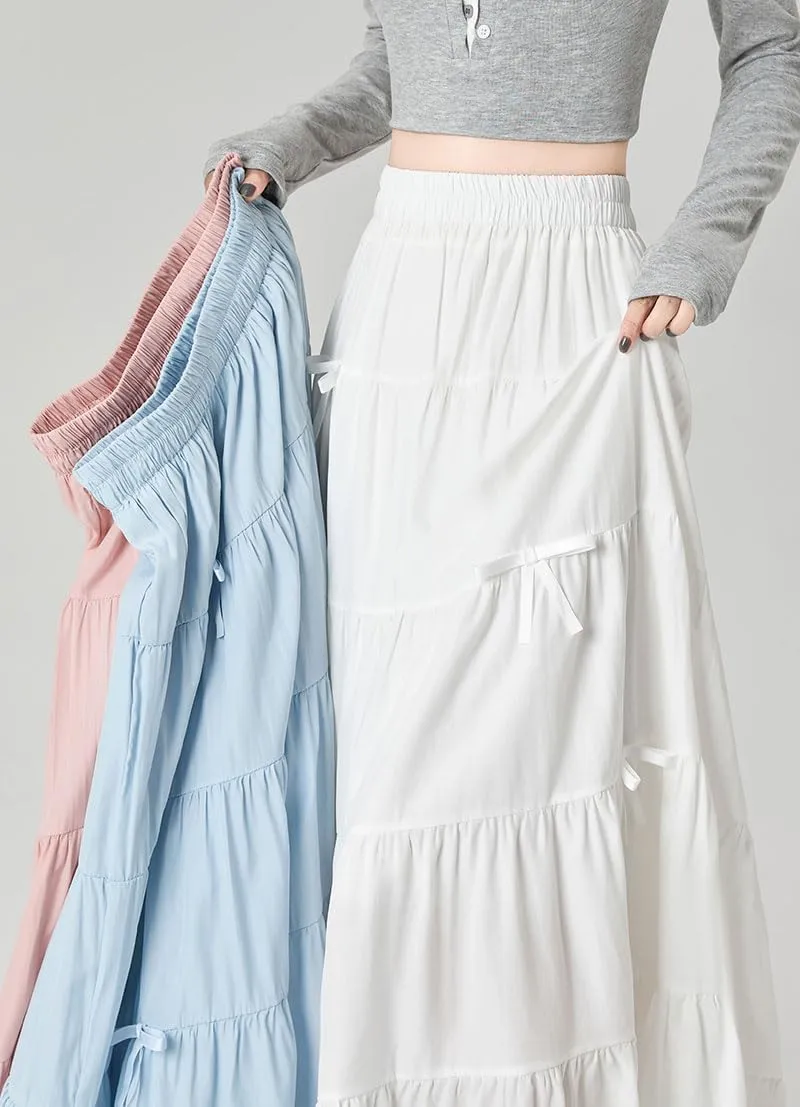 chouyatou Women's Casual Elastic Waist Ruffle Hem Skirt Vintage Bow Trim Pleated Flowy Swing Long Skirt