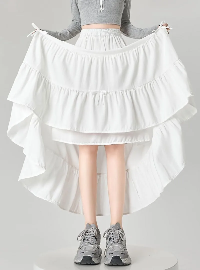 chouyatou Women's Casual Elastic Waist Ruffle Hem Skirt Vintage Bow Trim Pleated Flowy Swing Long Skirt