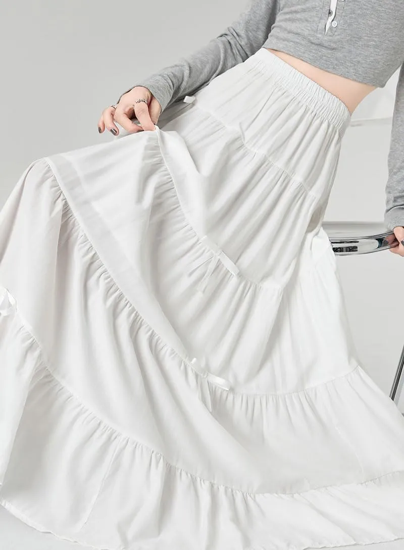 chouyatou Women's Casual Elastic Waist Ruffle Hem Skirt Vintage Bow Trim Pleated Flowy Swing Long Skirt