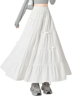 chouyatou Women's Casual Elastic Waist Ruffle Hem Skirt Vintage Bow Trim Pleated Flowy Swing Long Skirt