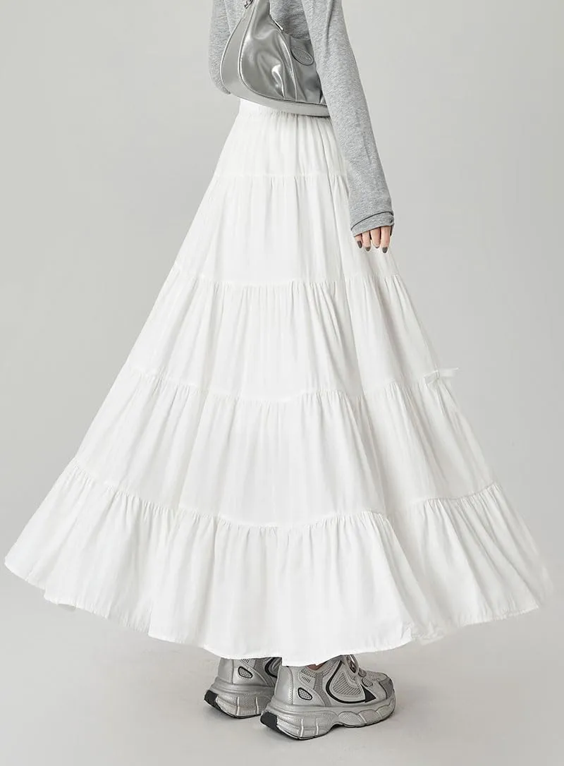 chouyatou Women's Casual Elastic Waist Ruffle Hem Skirt Vintage Bow Trim Pleated Flowy Swing Long Skirt